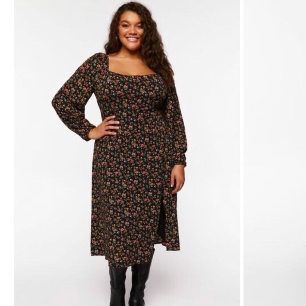 Forever 21 Plus Black Floral Square Neck Midi Dress Side Slit 2X Dark Academia